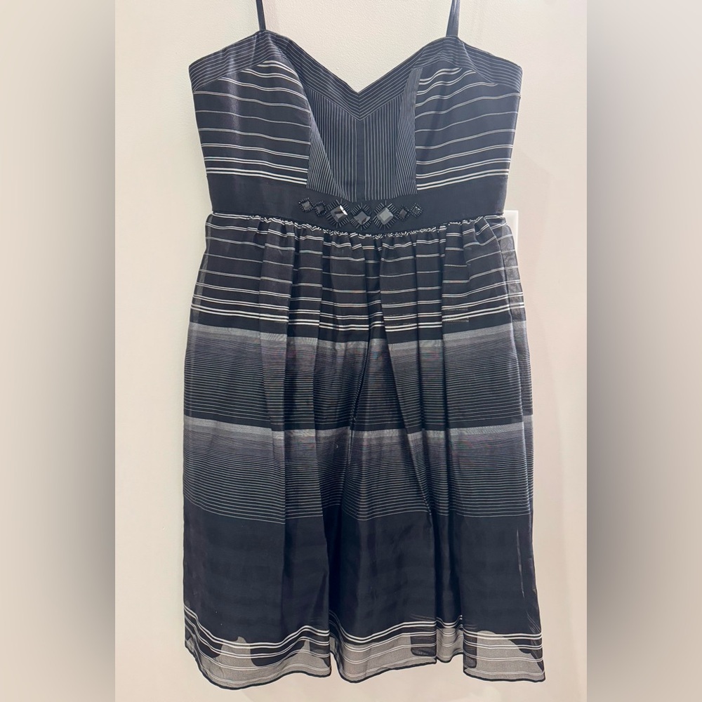 BCBGMaxAzria Strapless Black and Silver Striped Mini Cocktail Dress - Size 6